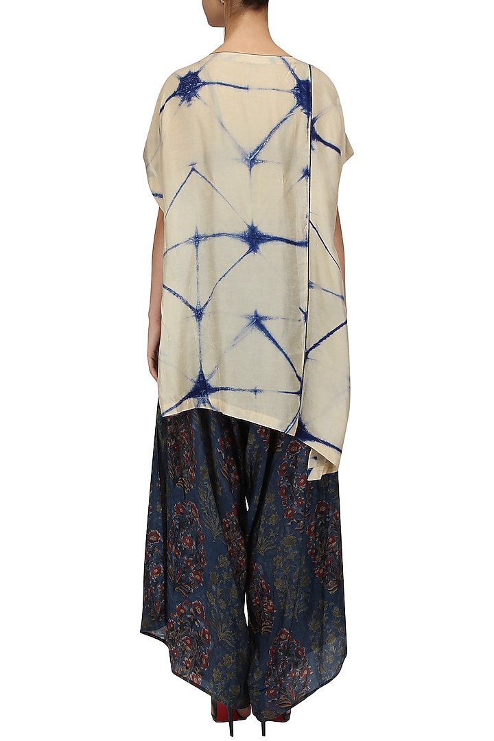 Beige and blue shibori top and printed cowl pants set available only at Pernia's Pop Up Shop.