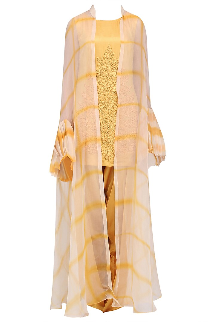 Yellow and Beige Shibori Jacket, Top and Cowl Pants Set by Anoli Shah