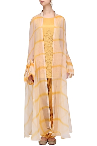 Yellow and Beige Shibori Jacket, Top and Cowl Pants Set by Anoli Shah