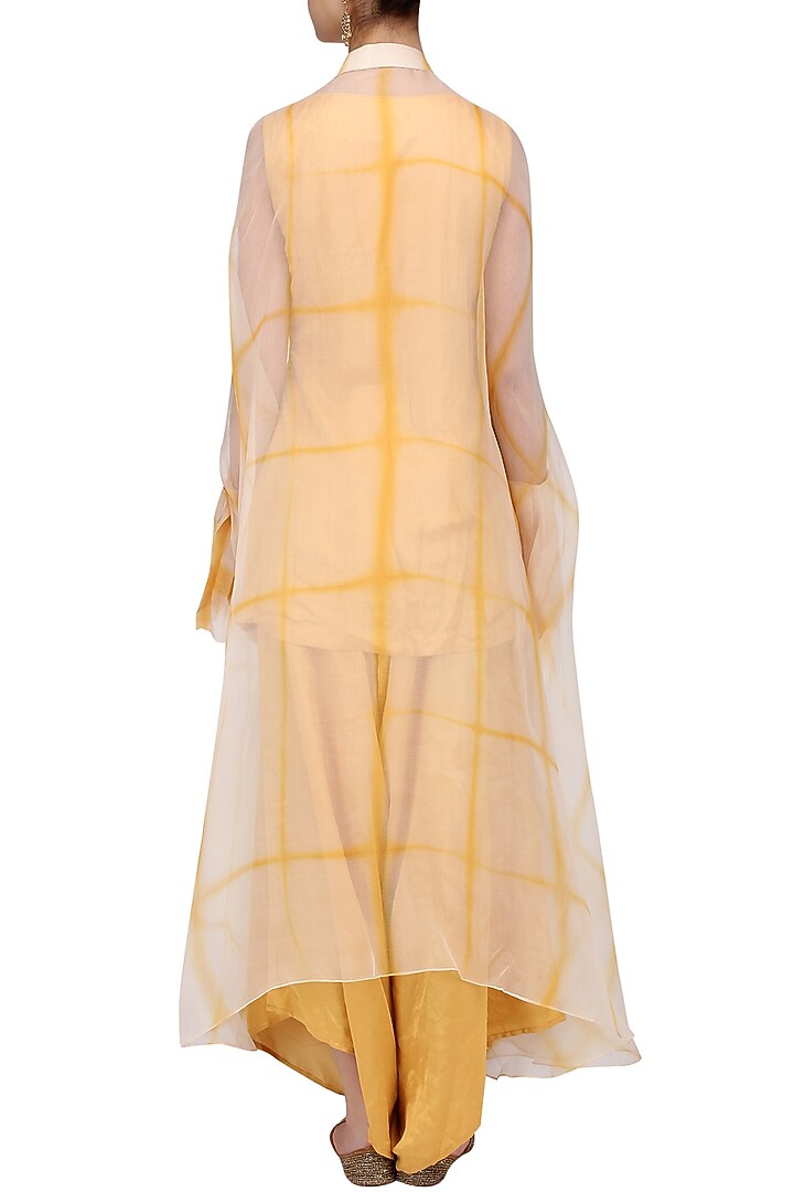 Yellow and beige shibori jacket, top and cowl pants set available only at Pernia's Pop Up Shop.