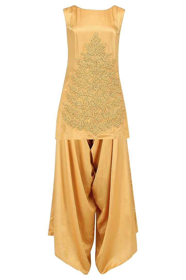 Yellow and beige shibori jacket, top and cowl pants set available only at Pernia's Pop Up Shop.
