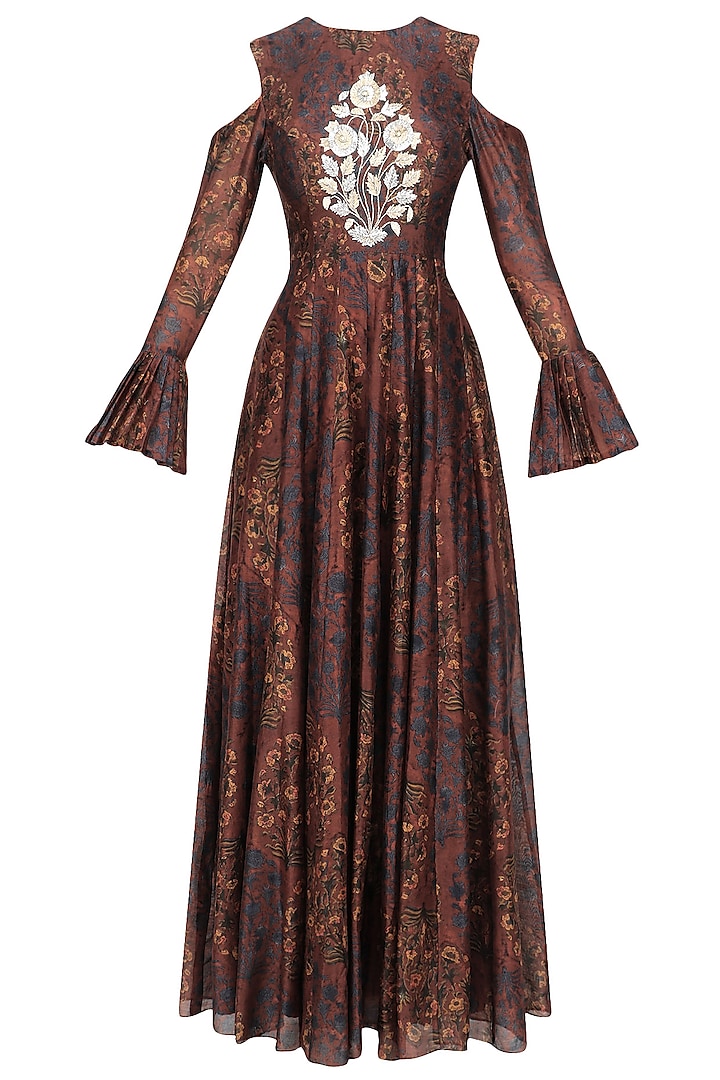 Maroon Printed Cold Shoulder Gown by Anoli Shah