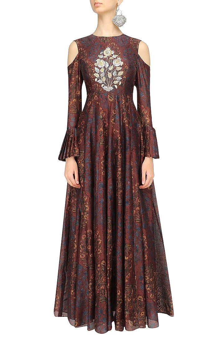 Maroon printed cold shoulder gown available only at Pernia's Pop Up Shop.
