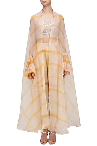 Beige and Yellow Shibori Jacket, Crop Top and Palazzo Pants Set by Anoli Shah