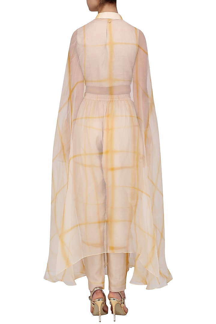 Beige and yellow shibori jacket, crop top and palazzo pants set available only at Pernia's Pop Up Shop.