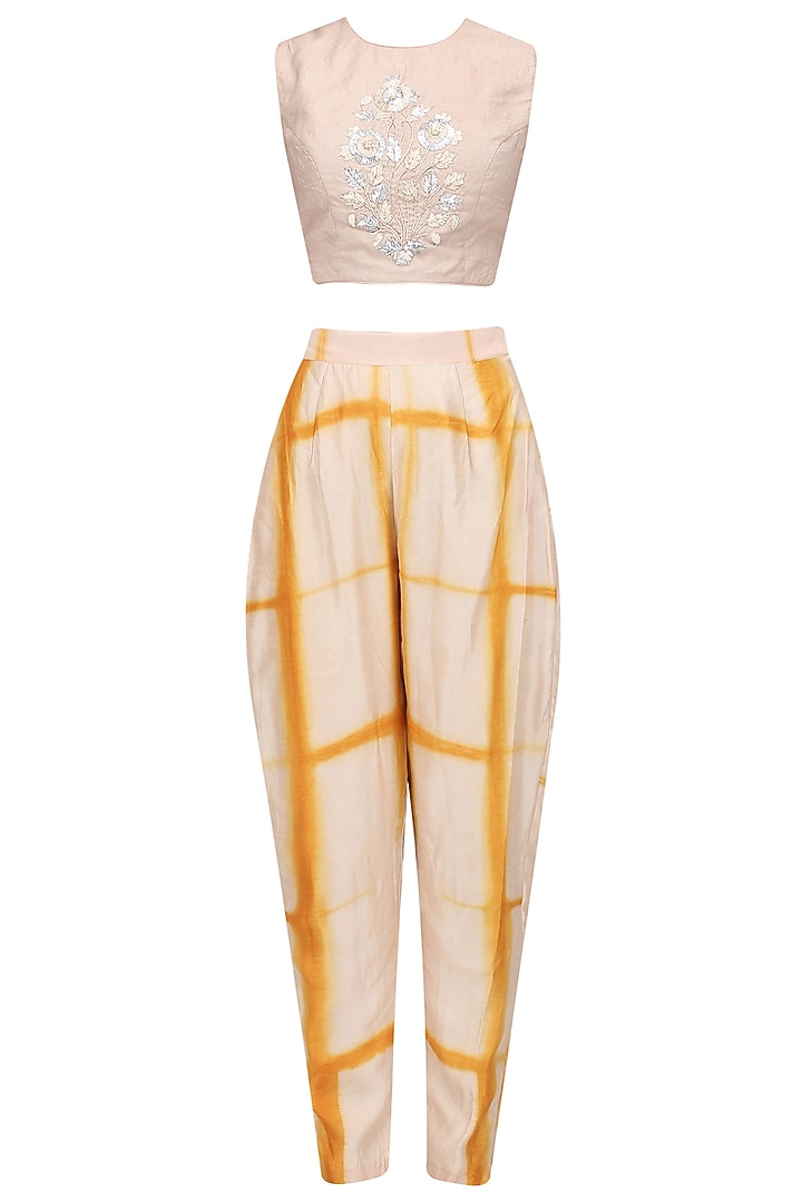 Beige and yellow shibori jacket, crop top and palazzo pants set available only at Pernia's Pop Up Shop.