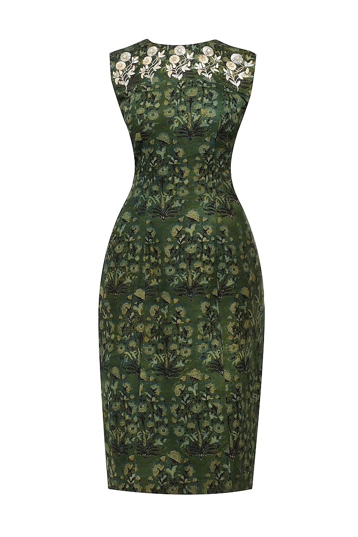 Green Floral Print Pencil Fitted Dress by Anoli Shah