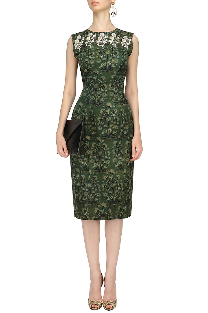 Green floral print pencil fitted dress available only at Pernia's Pop Up Shop.