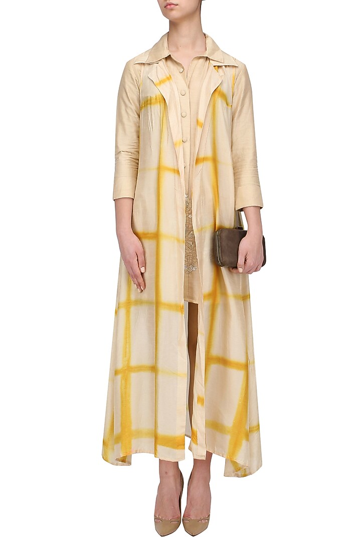 Beige and yellow shibori jacket and monga top set available only at Pernia's Pop Up Shop.