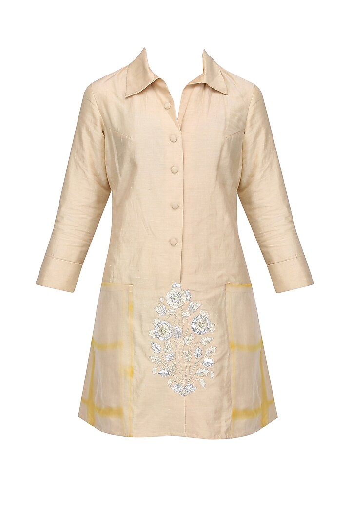 Beige and yellow shibori jacket and monga top set available only at Pernia's Pop Up Shop.