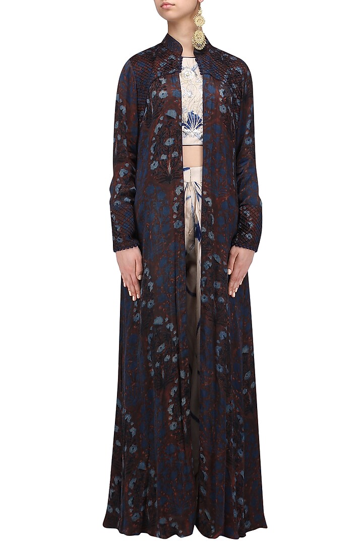 Beige and blue shibori crop top, dhoti pants and jacket set available only at Pernia's Pop Up Shop.