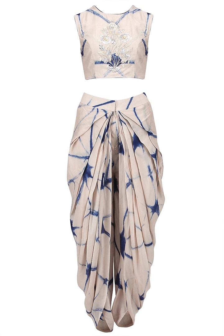 Beige and blue shibori crop top, dhoti pants and jacket set available only at Pernia's Pop Up Shop.