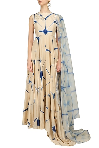 Beige and Blue Shibori One Side Dupatta Kalidaar Kurta by Anoli Shah