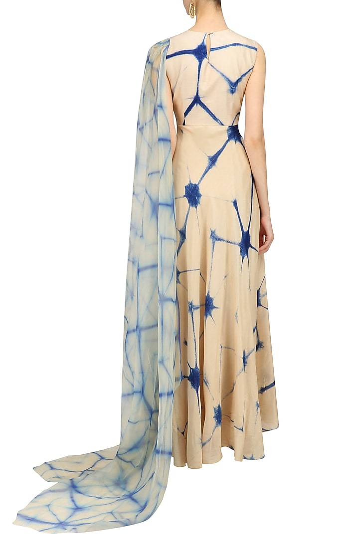 Beige and blue shibori one side dupatta kalidaar kurta available only at Pernia's Pop Up Shop.