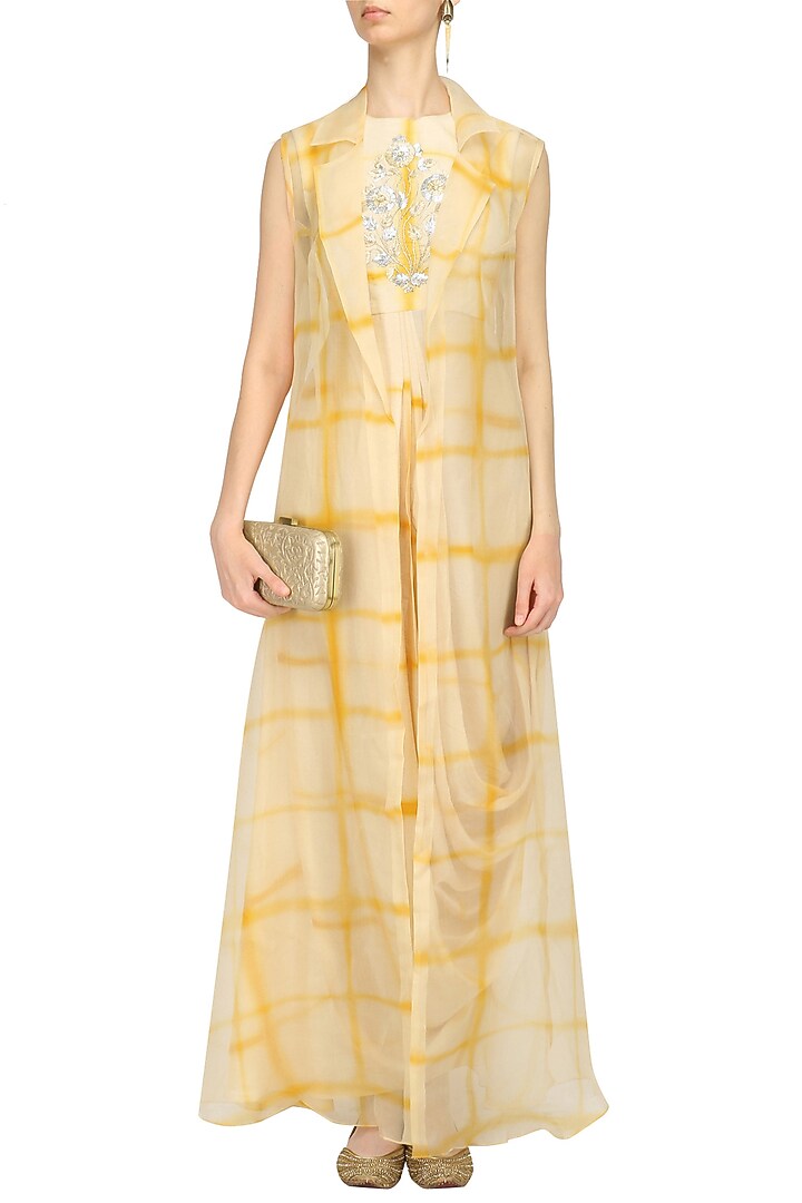 Beige and yellow cowl dress and jacket set available only at Pernia's Pop Up Shop.