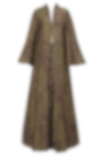 Beige Crop Top, Grey Skirt and Brown Printed Jacket Set by Anoli Shah
