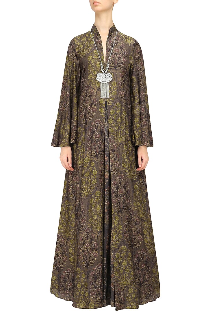 Beige crop top, grey skirt and brown printed jacket set available only at Pernia's Pop Up Shop.