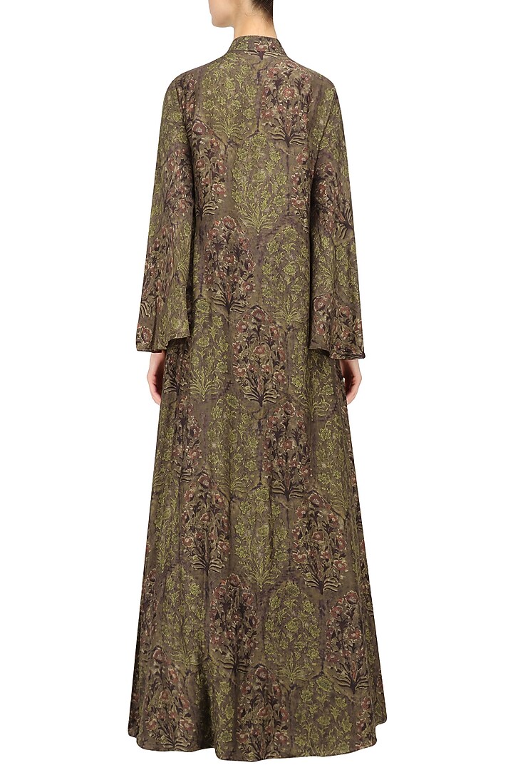Beige crop top, grey skirt and brown printed jacket set available only at Pernia's Pop Up Shop.