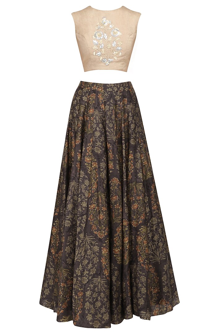 Beige crop top, grey skirt and brown printed jacket set available only at Pernia's Pop Up Shop.