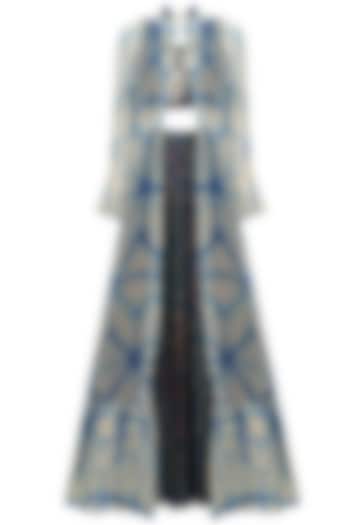 Blue Printed Crop Top, Skirt and Shibori Jacket Set by Anoli Shah