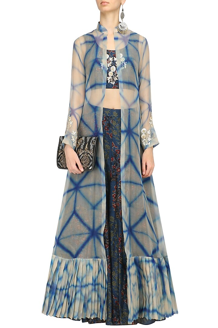 Blue printed crop top, skirt and shibori jacket set available only at Pernia's Pop Up Shop.