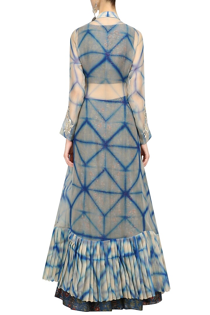 Blue printed crop top, skirt and shibori jacket set available only at Pernia's Pop Up Shop.