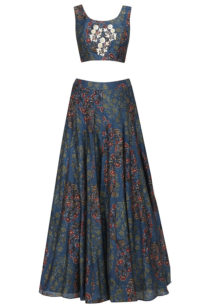Blue printed crop top, skirt and shibori jacket set available only at Pernia's Pop Up Shop.