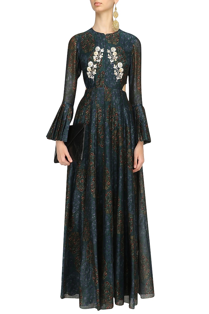 Green floral print side cut gown available only at Pernia's Pop Up Shop.