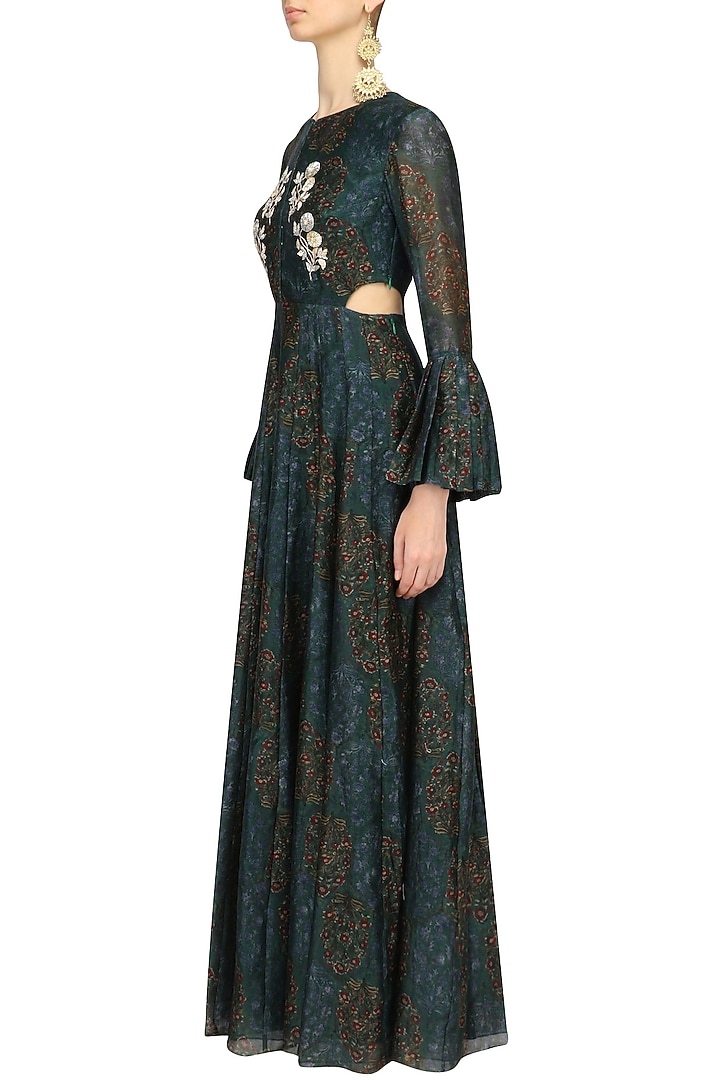 Green floral print side cut gown available only at Pernia's Pop Up Shop.