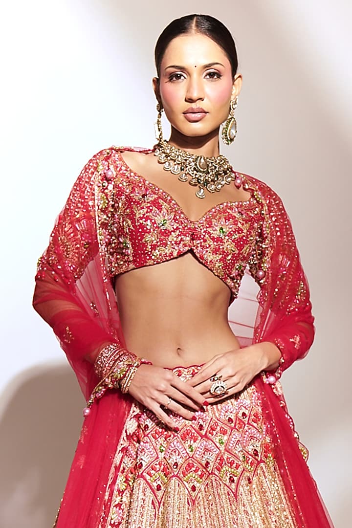 Crimson Tussar Silk Zari Embroidered Bridal Lehenga Set by Anshika Tak Label at Pernia's Pop Up Shop