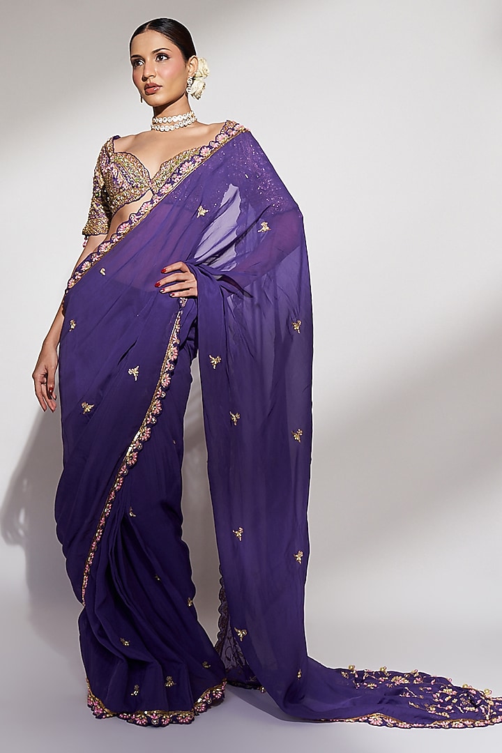 Purple Organza Sequins Embellished Wedding Saree Set by Anshika Tak Label at Pernia's Pop Up Shop
