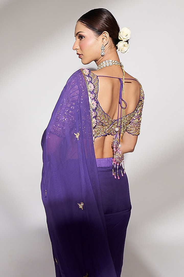Purple Organza Sequins Embellished Wedding Saree Set by Anshika Tak Label at Pernia's Pop Up Shop