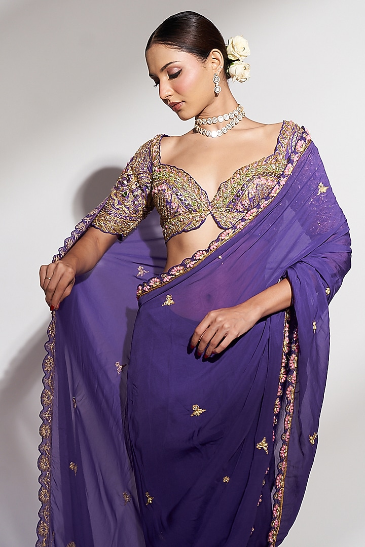 Purple Organza Sequins Embellished Wedding Saree Set by Anshika Tak Label at Pernia's Pop Up Shop