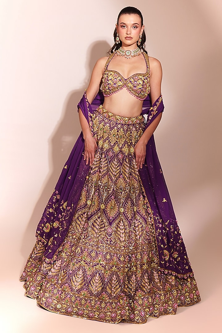 Amethyst Purple Tussar Silk Sequins Embroidered Bridal Lehenga Set by Anshika Tak Label at Pernia's Pop Up Shop