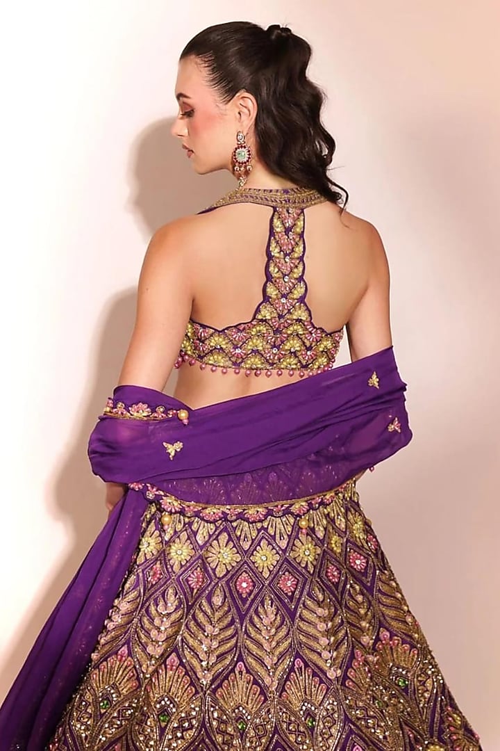 Amethyst Purple Tussar Silk Sequins Embroidered Bridal Lehenga Set by Anshika Tak Label at Pernia's Pop Up Shop