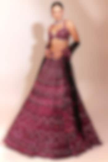 Wine Red Tussar Silk Sequins Work Bridal Lehenga Set by Anshika Tak Label at Pernia's Pop Up Shop