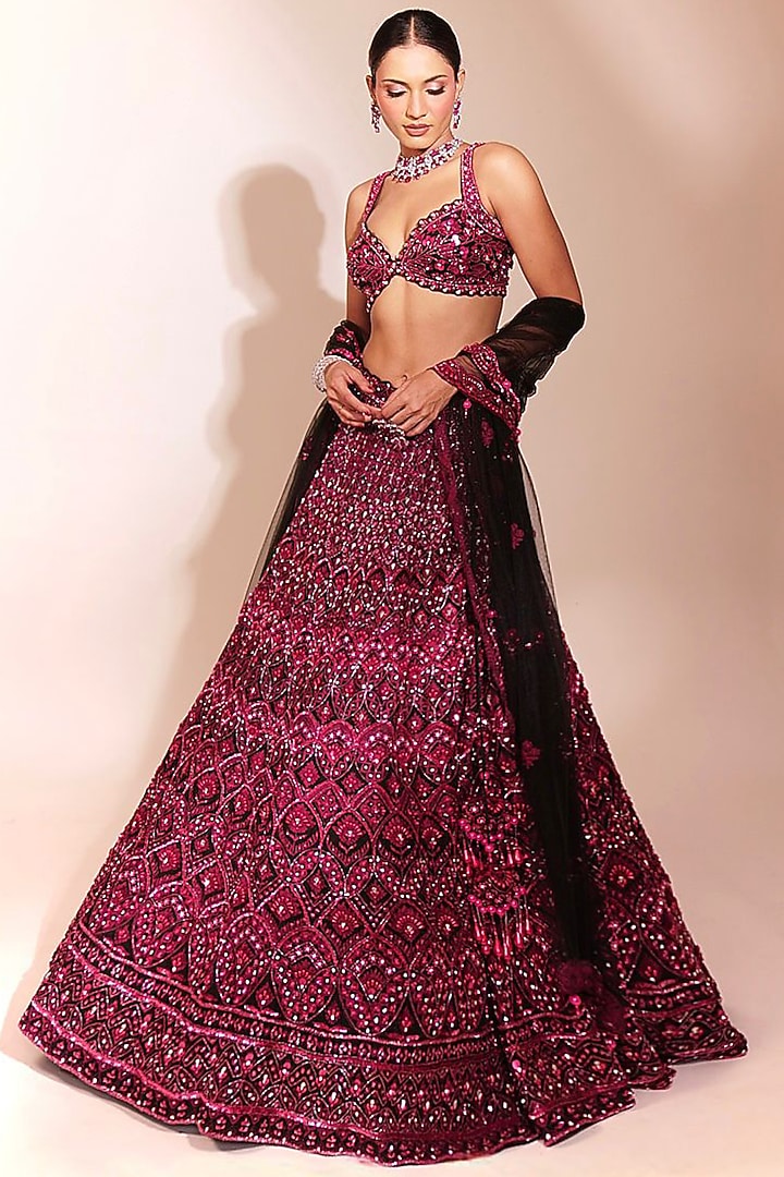 Wine Red Tussar Silk Sequins Work Bridal Lehenga Set by Anshika Tak Label at Pernia's Pop Up Shop