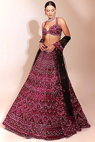 Wine Red Tussar Silk Sequins Work Lehenga Set by Anshika Tak Label