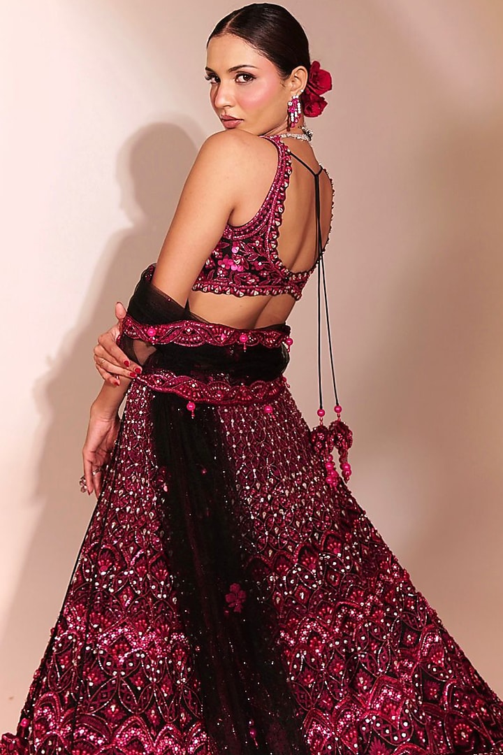 Wine Red Tussar Silk Sequins Work Bridal Lehenga Set by Anshika Tak Label at Pernia's Pop Up Shop