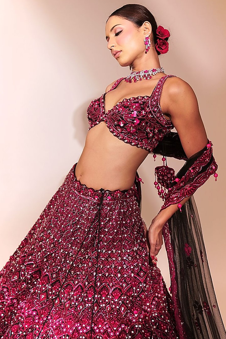 Wine Red Tussar Silk Sequins Work Bridal Lehenga Set by Anshika Tak Label at Pernia's Pop Up Shop