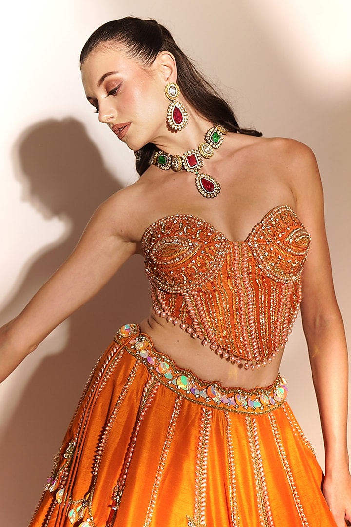 Tangerine Orange Tussar Silk Sequins Embellished Bridal Lehenga Set by Anshika Tak Label at Pernia's Pop Up Shop