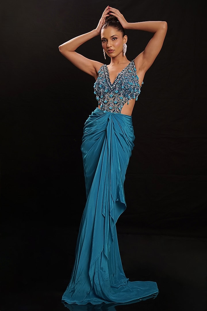 Teal Blue Net & Crepe Embellished Draped Cocktail Dress by Anshika Tak Label at Pernia's Pop Up Shop