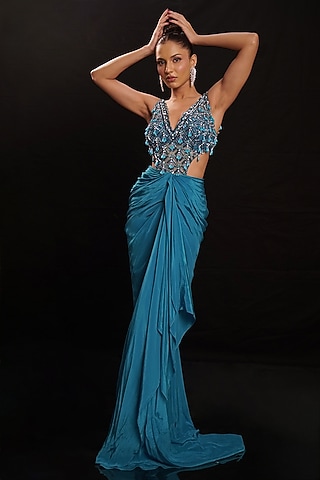 Teal Blue Net & Crepe Embellished Draped Dress by Anshika Tak Label