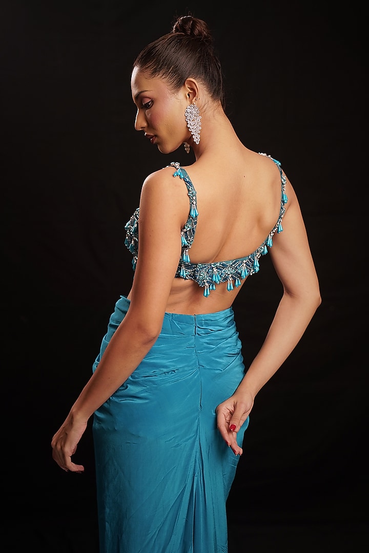 Teal Blue Net & Crepe Embellished Draped Cocktail Dress by Anshika Tak Label at Pernia's Pop Up Shop