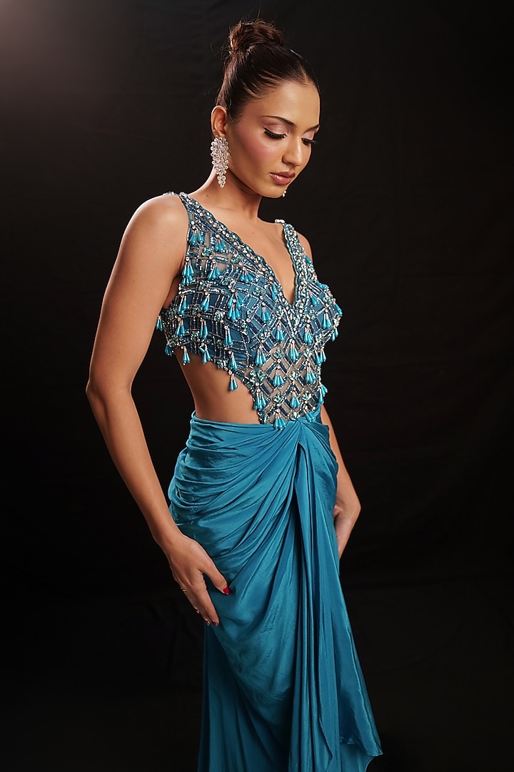 Teal Blue Net & Crepe Embellished Draped Cocktail Dress by Anshika Tak Label at Pernia's Pop Up Shop