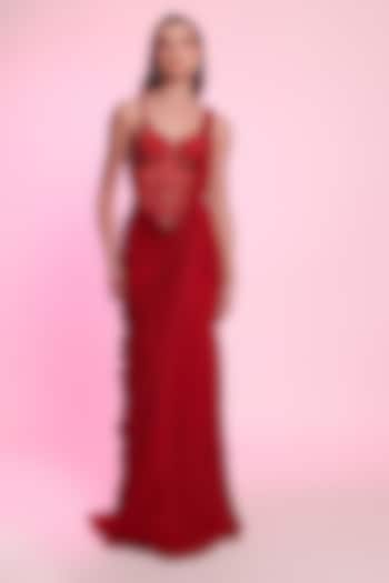 Red Georgette Draped Wedding Saree Set by Anshika Tak Label at Pernia's Pop Up Shop