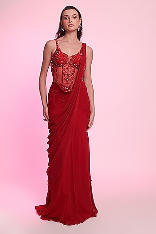 Red Georgette Draped Saree Set by Anshika Tak Label