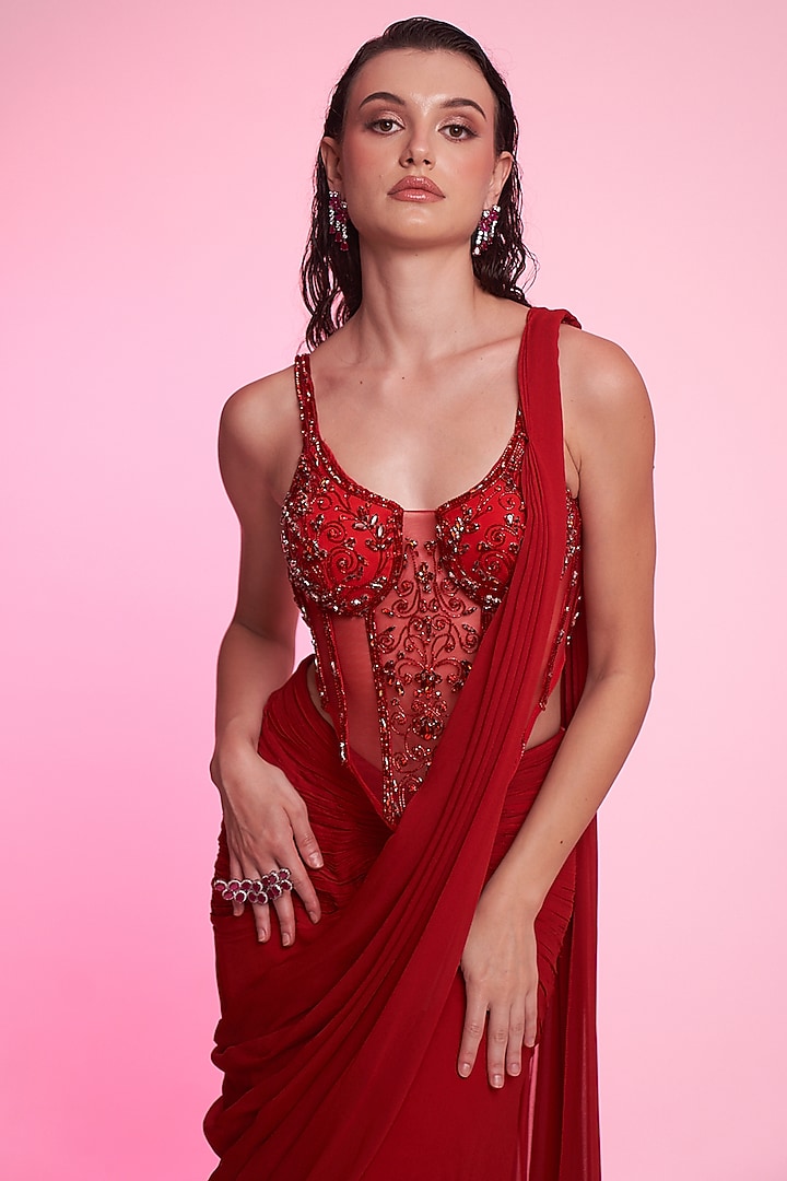 Red Georgette Draped Wedding Saree Set by Anshika Tak Label at Pernia's Pop Up Shop