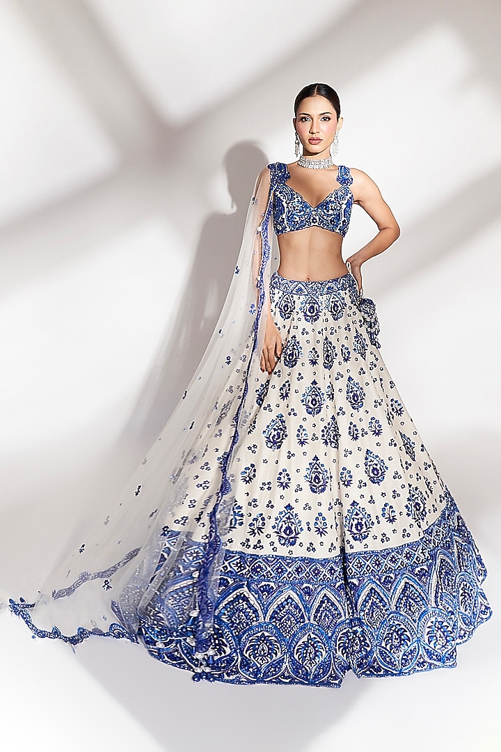 Pristine Ivory Tussar Silk Sequins Embroidered Bridal Lehenga Set by Anshika Tak Label at Pernia's Pop Up Shop