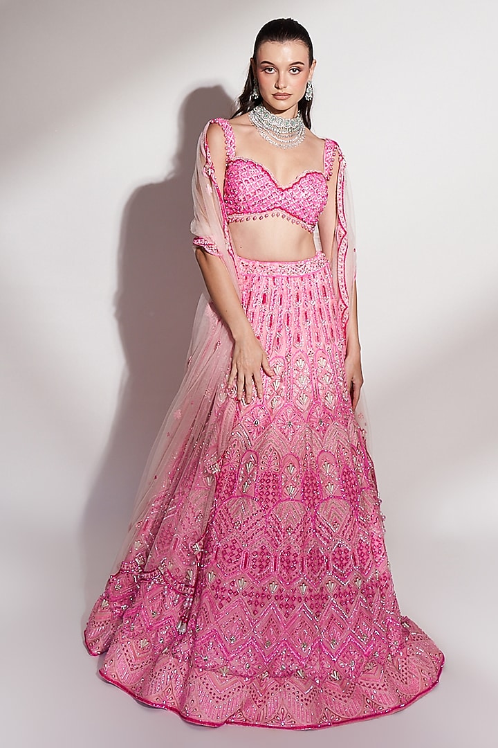 Pink Net Sequins Embroidered Bridal Lehenga Set by Anshika Tak Label at Pernia's Pop Up Shop
